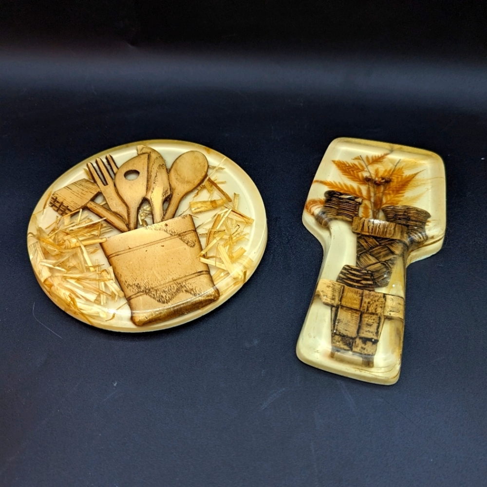 Vintage Spoon Rest  and Trivet Lucite Dried Flowers Baskets Boho Decor